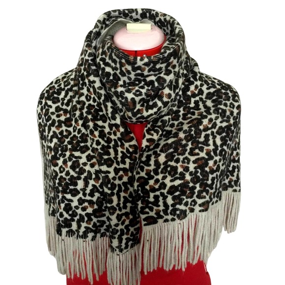 Cejon Leopard Winter Scarf Brown Cream Animal Print Fringed Warm Long Soft 64" - Picture 1 of 4